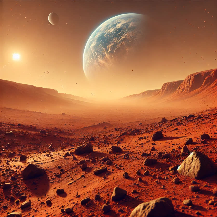 A rocky red Martian plain under a hazy sky with Earth rising